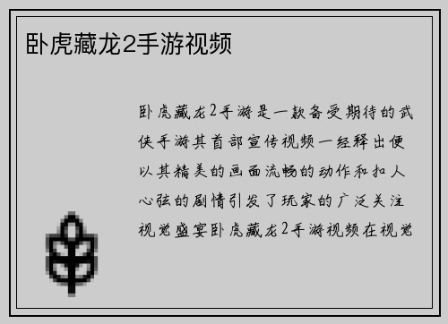 卧虎藏龙2手游视频